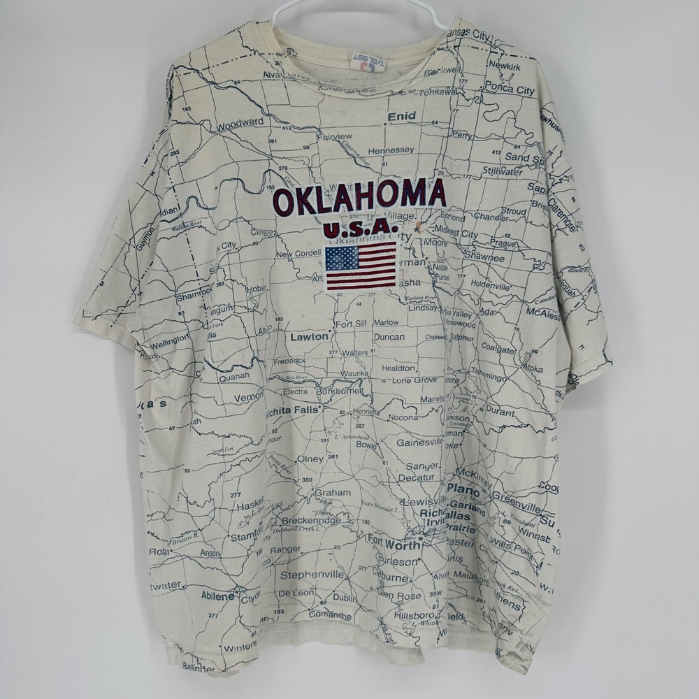 Vintage 90s AOP Tee Jays Oklahoma USA All Over Print Map Shirt Cream XL Distress